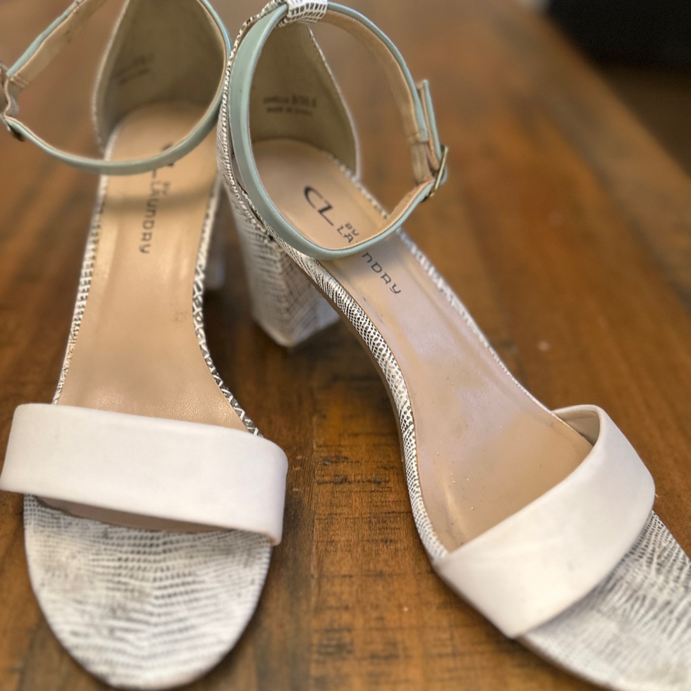 White and Tan Textured Heeled Sandals with Ankle Straps